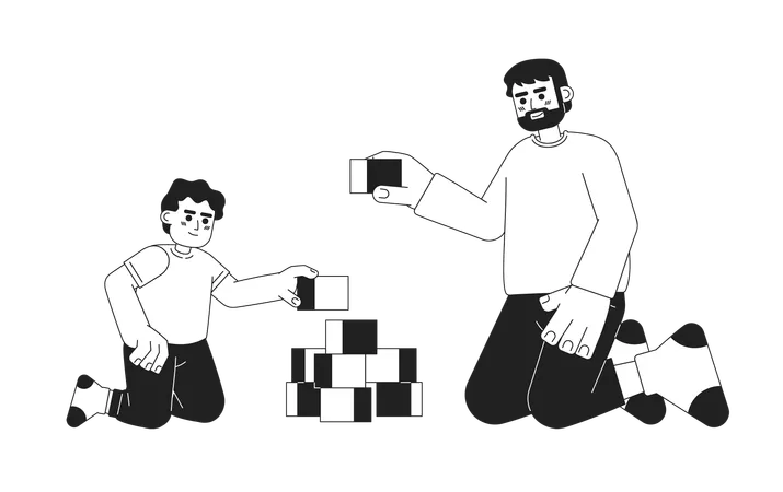 Father And Son Playing Monochrome Vector Spot Illustration Toddler Boy Building Pyramid With Dad 2 D Flat Bw Cartoon Characters For Web UI Design Parent Child Isolated Editable Hand Drawn Hero Image Illustration