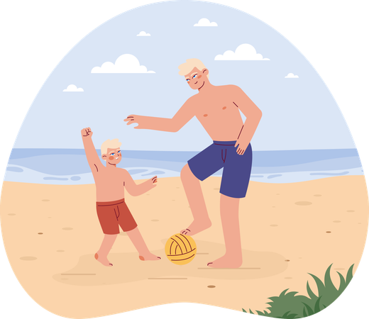 Father and son playing beach ball  일러스트레이션