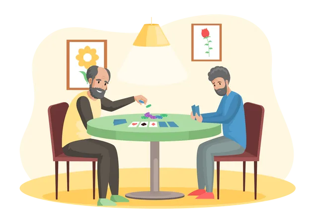 Father and son playing card game  Illustration