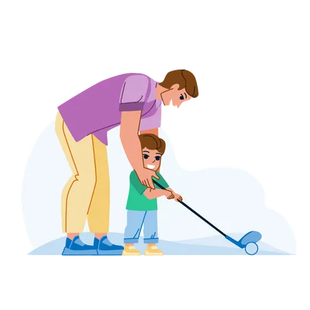 Father Son Golf Vector Parent Children Play Child Course Young Club Father Son Golf Character People Flat Cartoon Illustration Illustration