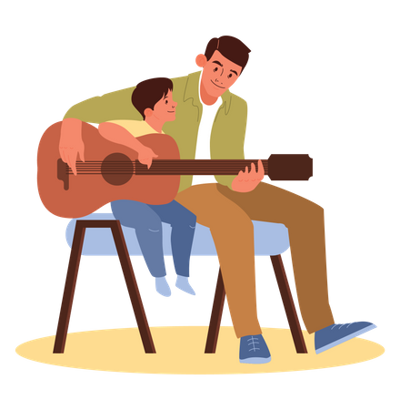 Father and son playing guitar  Illustration