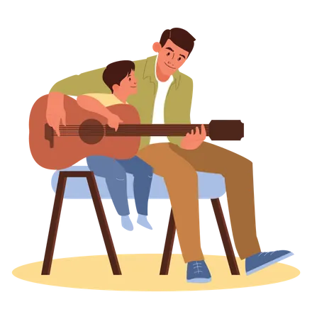 Father and son playing guitar  Illustration