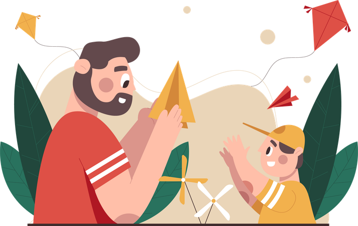 Father and son playing kite  Illustration