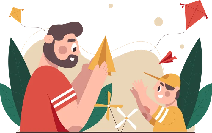 Father and son playing kite  Illustration