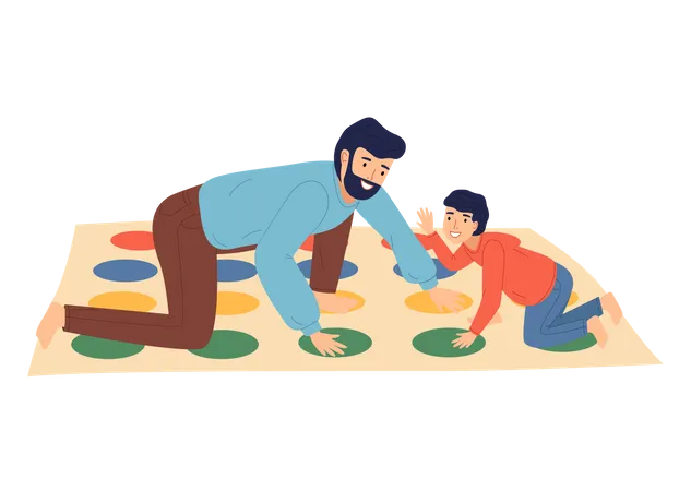 Father And Son Playing Twister At Floor People Spend Time Together Parent And Kid Playing Indoor Game Cartoon Isolated Characters In Flat Style Happy Dad And Son Home Activity People Have Fun Illustration