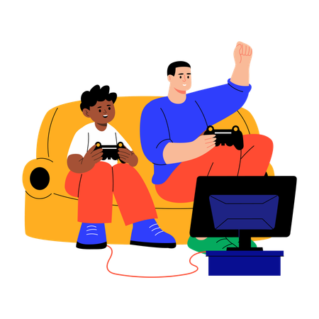 Father and son playing video game  Illustration