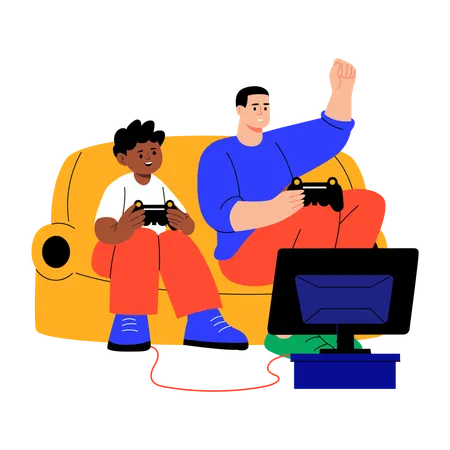 Father and son playing video game  Illustration