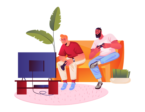 Father and son playing video game together Illustration