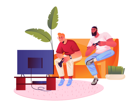 Father and son playing video game together  Illustration