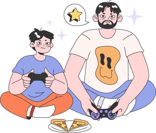 Father and son playing video game while eating pizza  Illustration