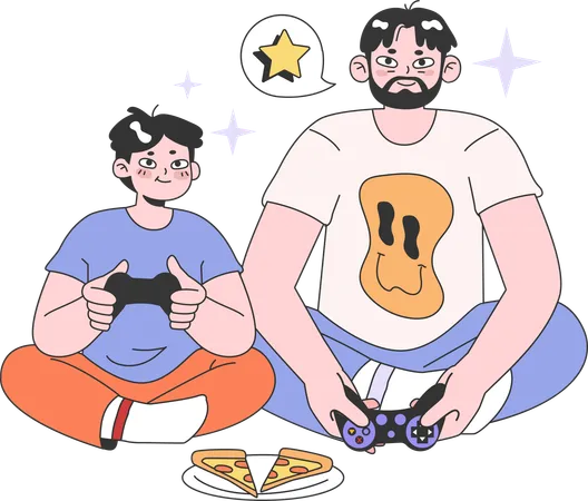 Father and son playing video game while eating pizza  Illustration