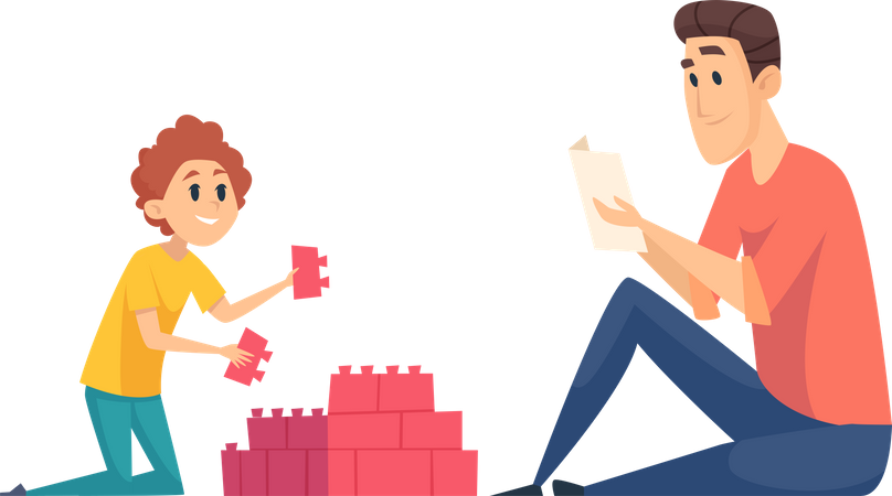 Father and son playing with blocks Illustration