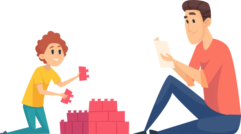 Father and son playing with blocks Illustration