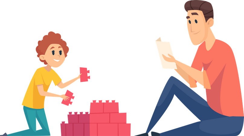 Father and son playing with blocks  Illustration