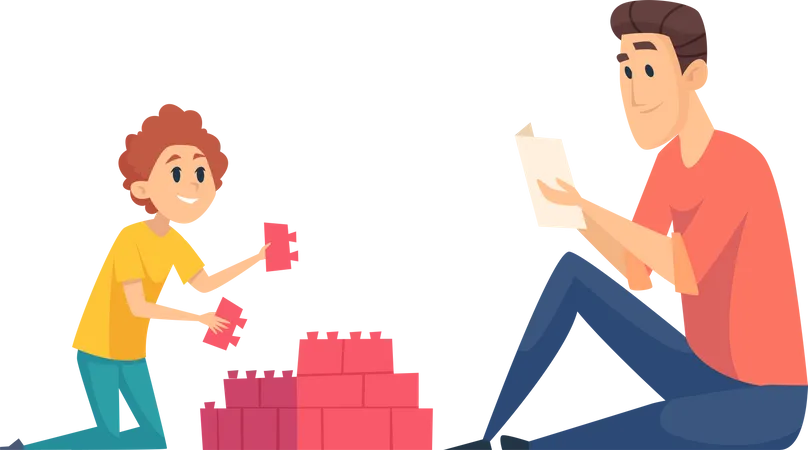 Father and son playing with blocks  Illustration