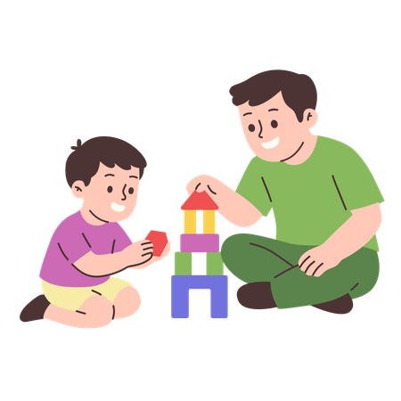 Father and son playing with building blocks together  Illustration