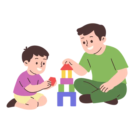 Father and son playing with building blocks together  Illustration