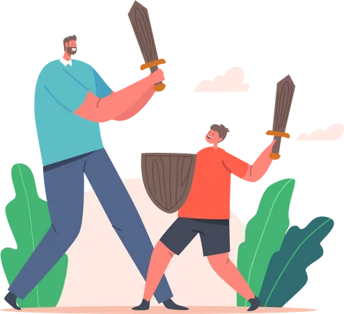Father And Son Fighting On Wooden Swords Happy Family Characters Playing In Knights Outdoors Dad And Boy Fooling Parenting Childhood Togetherness Concept Cartoon People Vector Illustration Illustration