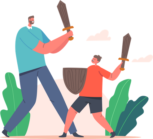 Father and son playing with wooden swords  Illustration