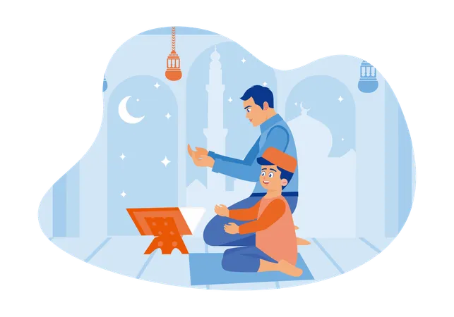 Father And Son Praying And Reading The Quran Inside The Mosque  Illustration