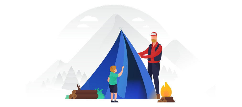 Father And Son Putting Up A Tent Illustration