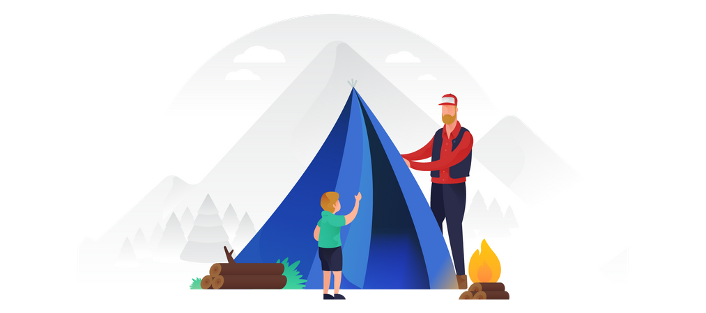 Father And Son Putting Up A Tent  Illustration