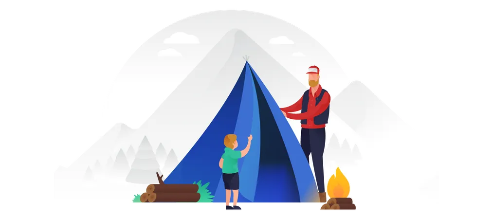 Father And Son Putting Up A Tent  Illustration