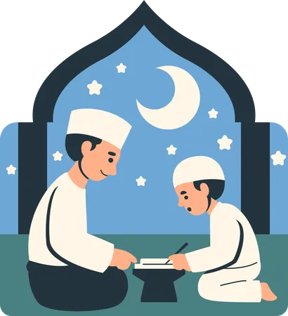 Father and Son Reading Quran Under Night Sky  Illustration