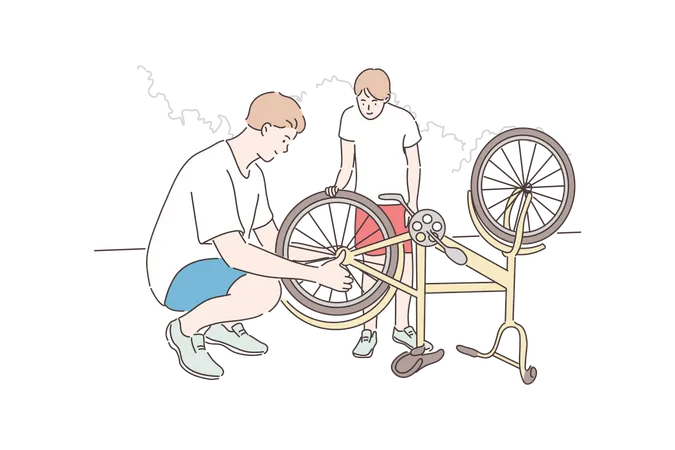 Father and son repairing cycle  Illustration