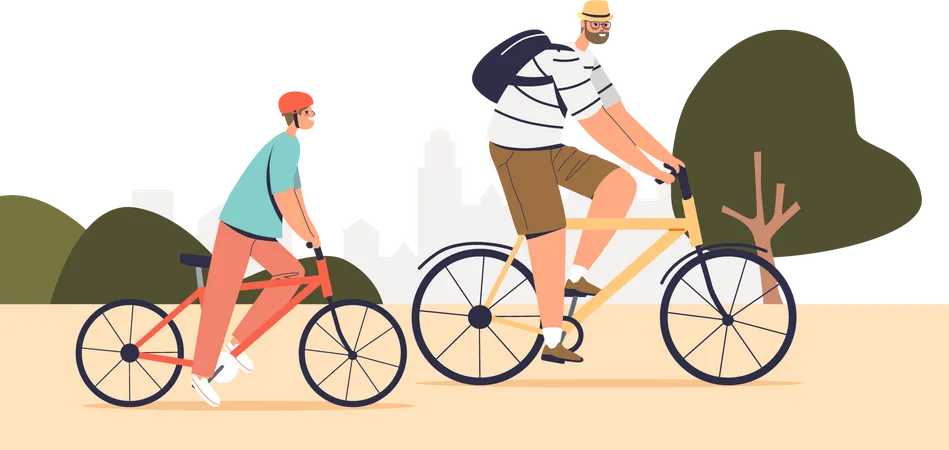 Father And Son Riding Bicycle Outdoors In Park Cute Boy With Dad Cycling Together Parent And Kid On Bike Travel On Summer Vacation Cartoon Flat Vector Illustration Illustration