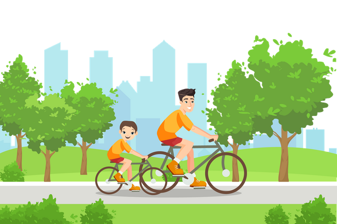 Father and son riding cycle in park  Illustration