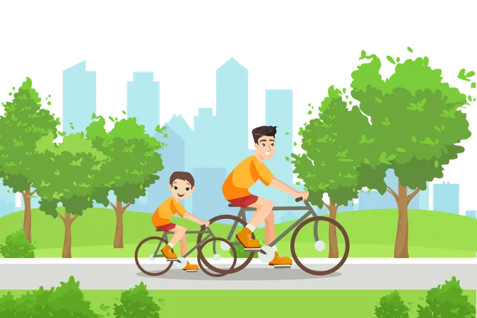 Father and son riding cycle in park  Illustration