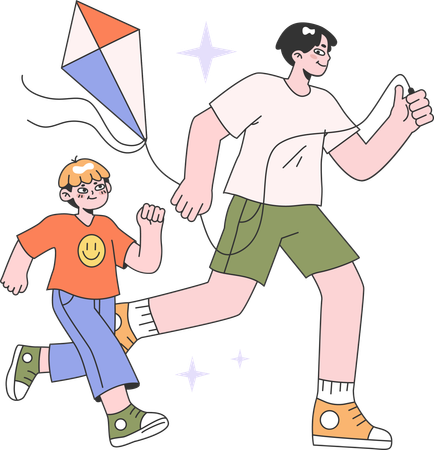 Father and son running while enjoying kite  일러스트레이션