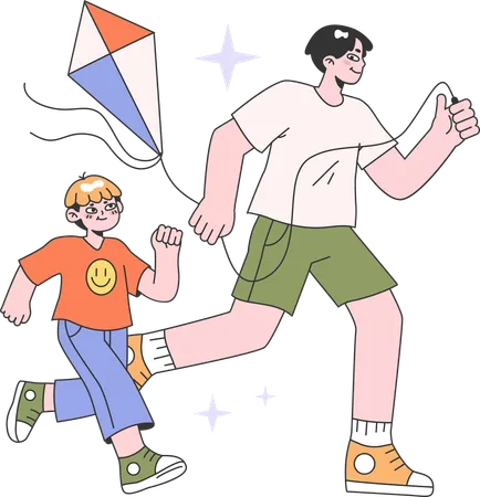 Father and son running while enjoying kite  Illustration