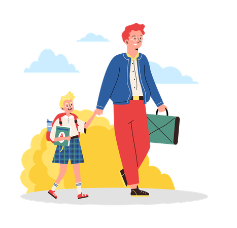 Father and son rush to school at morning  Illustration
