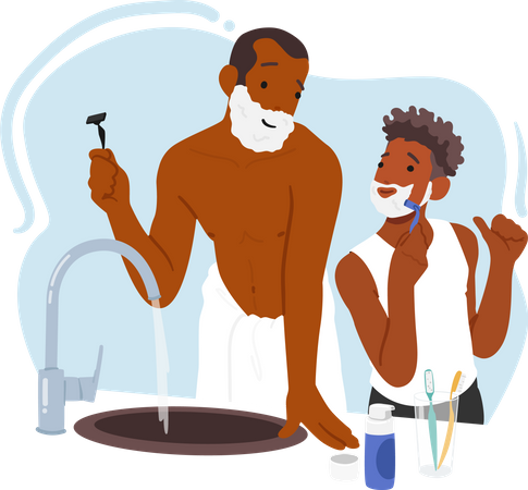 Father And Son Share Shaving Experience  Illustration