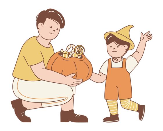 Father and Son Sharing Halloween Candy Pumpkin  Illustration