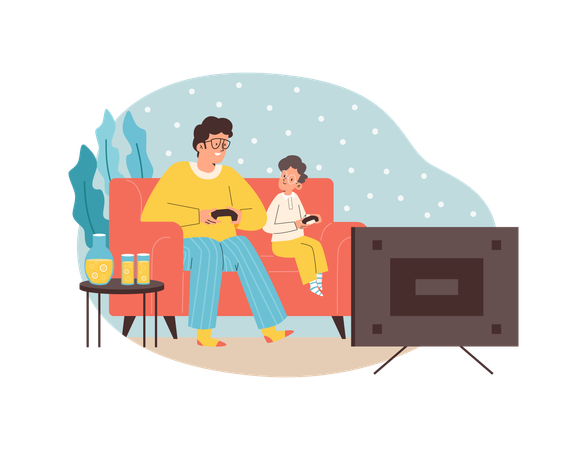Father and son sitting on couch and playing video games  Illustration