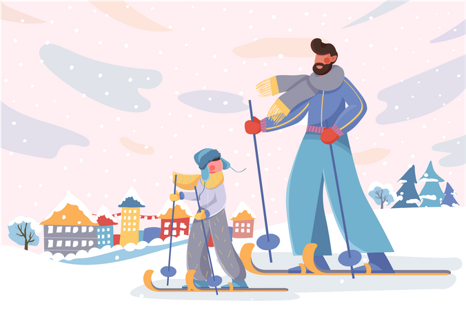 Father and son skiing in snowfall  Illustration