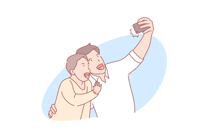 Selfie Fatherhood Concept Father And Son Are Taking Selfie With Smile Man And Boy Are Hugging Or Embracing Each Other Using Mobile Phone Fathersday Day In Family Simple Flat Vector Illustration