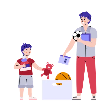 Father and son tidying up toys into box  Illustration