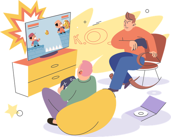 Father and son together in living room while playing video game  Illustration