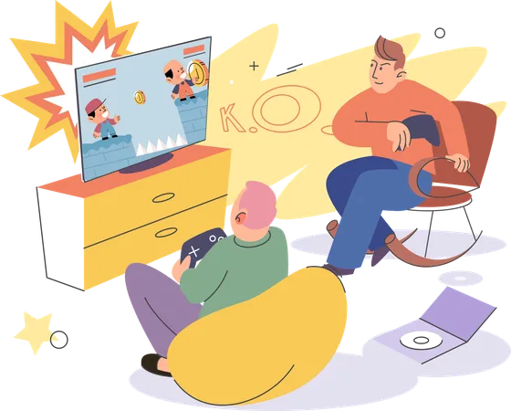 Father and son together in living room while playing video game  Illustration