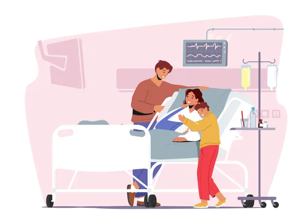 Father And Son Visiting Sick Mother With Arm Fracture Illustration