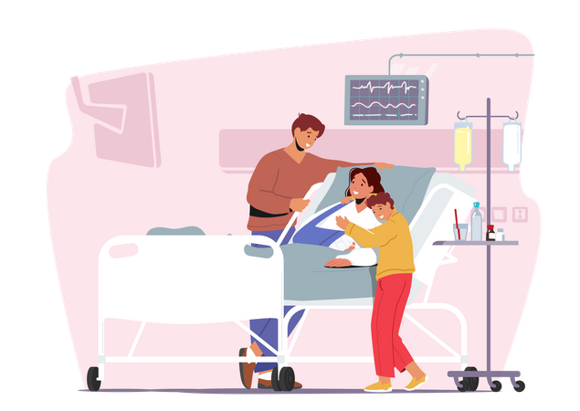 Father And Son Visiting Sick Mother With Arm Fracture  Illustration