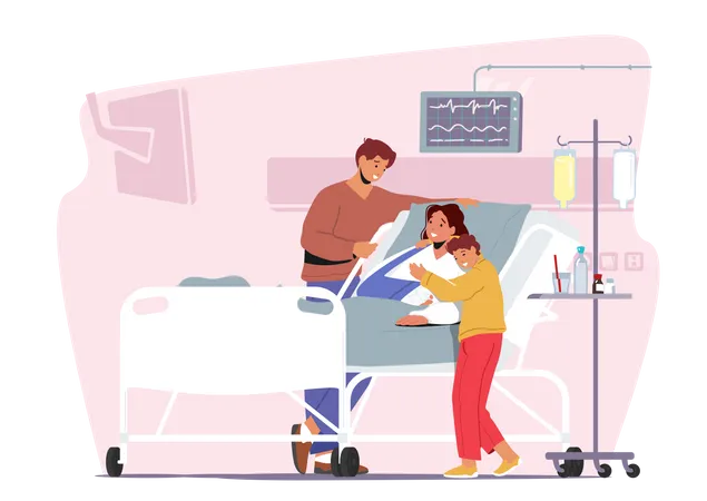 Father And Son Visiting Sick Mother With Arm Fracture  Illustration