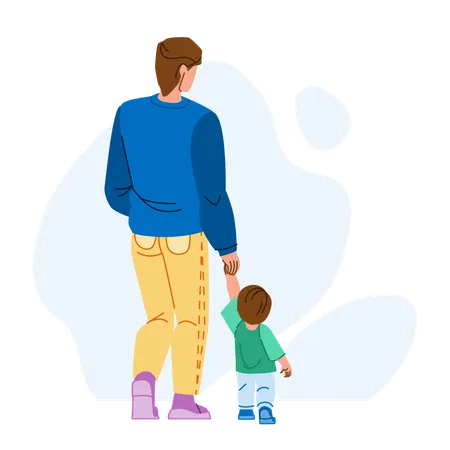 Father Son Walking Vector Family Child People Walk Dad Man And Kid Summer Day Park Father Son Walking Character People Flat Cartoon Illustration Illustration