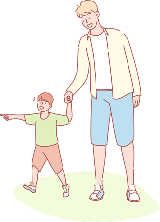 Father and son walking in garden  Illustration