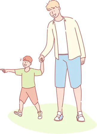 Father and son walking in garden  Illustration