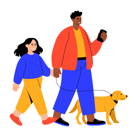 Father and son walking with dog  Illustration